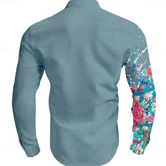 Discount OUKU Men's Floral Button Up Shirt Long Sleeve Casual Vacation Daily Summer Spring & Fall Band Collar grandad collar 3D Print White Pink Blue Sage