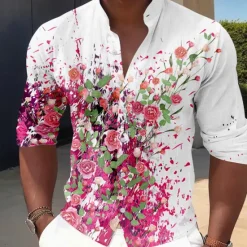 Discount OUKU Men's Floral Button Up Shirt Long Sleeve Casual Vacation Daily Summer Spring & Fall Band Collar grandad collar 3D Print White Pink Blue Sage