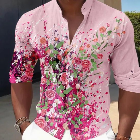 Discount OUKU Men's Floral Button Up Shirt Long Sleeve Casual Vacation Daily Summer Spring & Fall Band Collar grandad collar 3D Print White Pink Blue Sage
