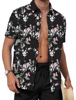 OUKU Men's Floral Coconut Palm 2pcs Shirts Sets Summer Tops Short Sleeve Short Pants Turndown Casual beach vacation Outdoor Home Casual 3D Print Summer Black White