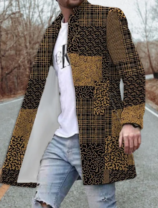 Clearance OUKU Men's Floral Color Block Graphic Prints Winter Coat Overcoat Coat Warm Breathable Comfortable Fashion Streetwear Business Work Wear to work Going out Pocket Print Fall & Winter Turndown Long Sleeve