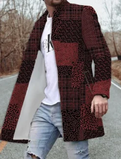 Clearance OUKU Men's Floral Color Block Graphic Prints Winter Coat Overcoat Coat Warm Breathable Comfortable Fashion Streetwear Business Work Wear to work Going out Pocket Print Fall & Winter Turndown Long Sleeve