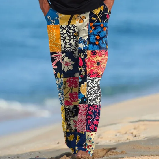 Discount OUKU Men's Floral Color Block Patchwork Trousers Casual Pants Drawstring Elastic Waist Hawaiian Ethnic Casual Outdoor Vacation Holiday Side Pockets Straight Leg Trousers Summer Spring Fall 3D Print Black