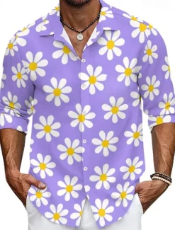 OUKU Men's Floral Daisy Tropical Flowers Shirt Summer Hawaiian Shirt Aloha Shirt Long Sleeve Shirt Turndown Casual Daily Wear Going out Purple Orange S M L