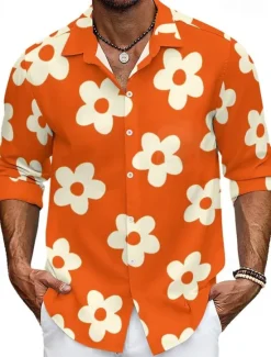 OUKU Men's Floral Daisy Tropical Flowers Shirt Summer Hawaiian Shirt Aloha Shirt Long Sleeve Shirt Turndown Casual Daily Wear Going out Purple Orange S M L
