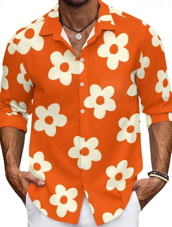 OUKU Men's Floral Daisy Tropical Flowers Shirt Summer Hawaiian Shirt Aloha Shirt Long Sleeve Shirt Turndown Casual Daily Wear Going out Purple Orange S M L