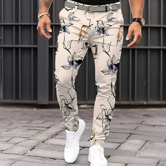 Hot OUKU Men's Floral Dress Pants Mid Waist Vintage Casual Formal Dailywear Pocket Summer Spring Fall Beige