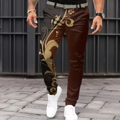 New OUKU Men's Floral Dress Pants Mid Waist Vintage Casual Outdoor Home Dailywear Zipper Pocket Summer Spring Fall 3D Print Brown