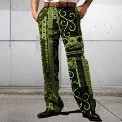 OUKU Men's Floral Ethnic Dress Pants Mid Waist Business Casual Formal Wedding Dailywear Zipper Pocket Straight Leg Trousers Summer Spring Fall 3D Print Yellow Blue Purple