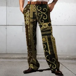 OUKU Men's Floral Ethnic Dress Pants Mid Waist Business Casual Formal Wedding Dailywear Zipper Pocket Straight Leg Trousers Summer Spring Fall 3D Print Yellow Blue Purple