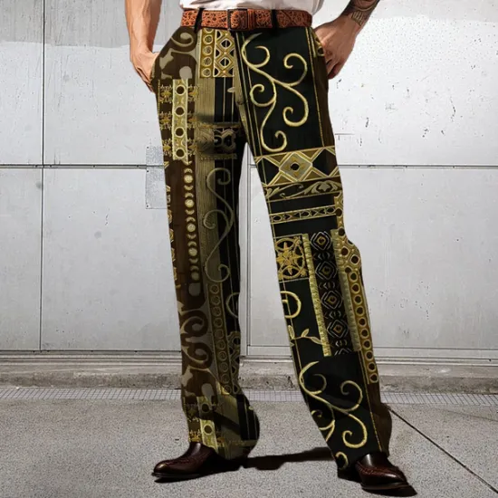 OUKU Men's Floral Ethnic Dress Pants Mid Waist Business Casual Formal Wedding Dailywear Zipper Pocket Straight Leg Trousers Summer Spring Fall 3D Print Yellow Blue Purple