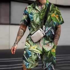 Outlet OUKU Men's Floral Flamingo Tropical 2pcs Shirts Sets Summer Hawaiian Shirt Short Sleeve Short Pants Turndown Fashion Streetwear Designer Outdoor Street Casual Print Summer Spring Black White Pink