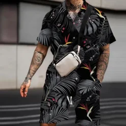 Outlet OUKU Men's Floral Flamingo Tropical 2pcs Shirts Sets Summer Hawaiian Shirt Short Sleeve Short Pants Turndown Fashion Streetwear Designer Outdoor Street Casual Print Summer Spring Black White Pink