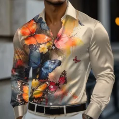 Sale OUKU Men's Floral Flower Satin Shirt Dress Shirt Button Up Shirt Long Sleeve Fashion Casual Vacation Evening Party Wedding Party Summer Spring Turndown Collared Shirts 3D Print Khaki