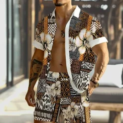 Hot OUKU Men's Floral Geometric Pattern Ethnic 2pcs Shirts Sets Summer Hawaiian Shirt Short Sleeve Short Pants Turndown Vacation Hawaiian Outdoor Hawaiian Holiday Buttons Pocket Print Summer All Seasons