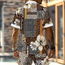 Hot OUKU Men's Floral Geometric Pattern Ethnic 2pcs Shirts Sets Summer Hawaiian Shirt Short Sleeve Short Pants Turndown Vacation Hawaiian Outdoor Hawaiian Holiday Buttons Pocket Print Summer All Seasons