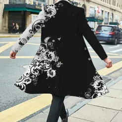 Sale OUKU Men's Floral Graphic Prints Winter Coat Overcoat Coat Warm Breathable Comfortable Fashion Streetwear Business Work Wear to work Going out Pocket Print Fall & Winter Turndown Long Sleeve Black White