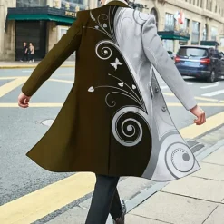 New OUKU Men's Floral Graphic Prints Winter Coat Overcoat Coat Warm Breathable Comfortable Fashion Streetwear Business Work Wear to work Going out Pocket Print Fall & Winter Turndown Long Sleeve Black Wine