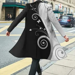 New OUKU Men's Floral Graphic Prints Winter Coat Overcoat Coat Warm Breathable Comfortable Fashion Streetwear Business Work Wear to work Going out Pocket Print Fall & Winter Turndown Long Sleeve Black Wine