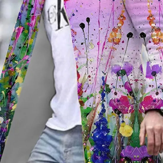 Online OUKU Men's Floral Graphic Prints Winter Coat Overcoat Coat Warm Breathable Comfortable Fashion Streetwear Business Work Wear to work Going out Pocket Print Fall & Winter Turndown Long Sleeve Yellow Purple