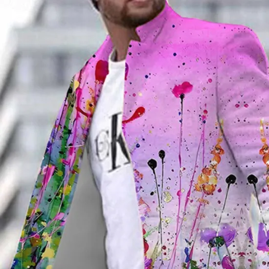 Online OUKU Men's Floral Graphic Prints Winter Coat Overcoat Coat Warm Breathable Comfortable Fashion Streetwear Business Work Wear to work Going out Pocket Print Fall & Winter Turndown Long Sleeve Yellow Purple