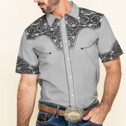 Outlet OUKU Men's Floral Graphic Prints Shirt Western Shirt Cowboy Shirt Short Sleeve Fashion Streetwear Designer Outdoor Street Daily Summer Spring Turndown Print Khaki Gray