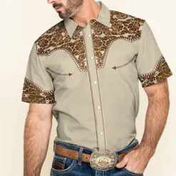 Outlet OUKU Men's Floral Graphic Prints Shirt Western Shirt Cowboy Shirt Short Sleeve Fashion Streetwear Designer Outdoor Street Daily Summer Spring Turndown Print Khaki Gray