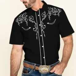 Best OUKU Men's Floral Graphic Prints Shirt Western Shirt Cowboy Shirt Short Sleeve Fashion Streetwear Designer Outdoor Street Daily Summer Spring Turndown Print Black White Red