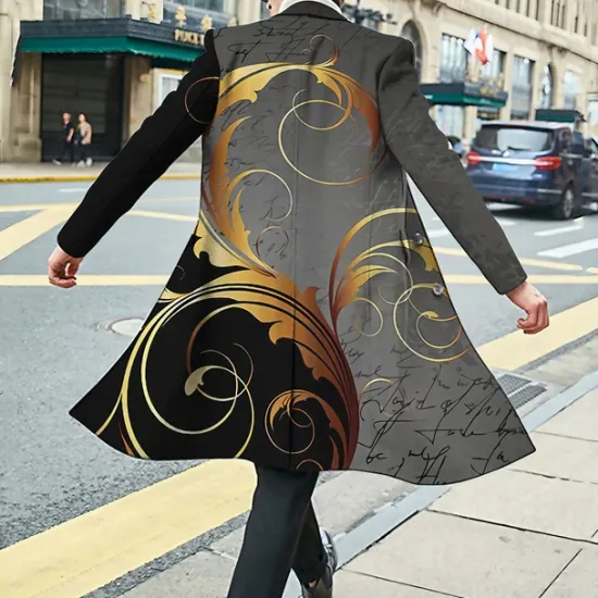 Online OUKU Men's Floral Graphic Prints Winter Coat Overcoat Coat Warm Breathable Comfortable Fashion Streetwear Business Work Wear to work Going out Pocket Print Fall & Winter Turndown Long Sleeve Red Gold Gray