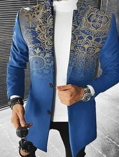Outlet OUKU Men's Floral Graphic Prints Gradual Winter Coat Overcoat Coat Warm Breathable Comfortable Fashion Streetwear Business Work Wear to work Going out Pocket Print Fall & Winter Turndown Long Sleeve Blue