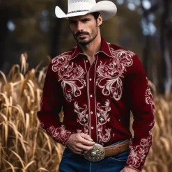 Best OUKU Men's Floral Graphic Prints Leaves Shirt Western Shirt Long Sleeve Shirt Turndown Outdoor Street Black Red Navy Blue Print Button-Down Clothing Apparel Fashion Streetwear Designer Western Style