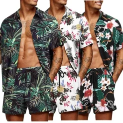 Clearance OUKU Men's Floral Graphic Tropical Flowers 2pcs Shirts Sets Summer Hawaiian Shirt Short Sleeve Short Pants Turndown Designer Beach Vacation Casual Daily 3D Summer Silver Red / White Green / Black