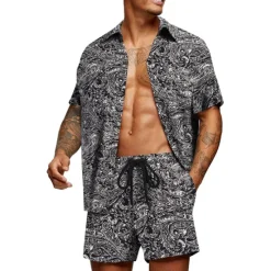 Clearance OUKU Men's Floral Graphic Tropical Flowers 2pcs Shirts Sets Summer Hawaiian Shirt Short Sleeve Short Pants Turndown Designer Beach Vacation Casual Daily 3D Summer Silver Red / White Green / Black
