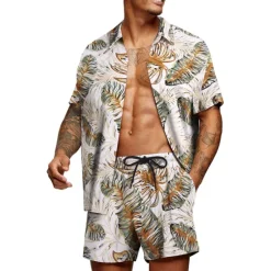 Clearance OUKU Men's Floral Graphic Tropical Flowers 2pcs Shirts Sets Summer Hawaiian Shirt Short Sleeve Short Pants Turndown Designer Beach Vacation Casual Daily 3D Summer Silver Red / White Green / Black