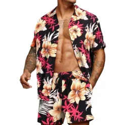 Clearance OUKU Men's Floral Graphic Tropical Flowers 2pcs Shirts Sets Summer Hawaiian Shirt Short Sleeve Short Pants Turndown Designer Beach Vacation Casual Daily 3D Summer Silver Red / White Green / Black