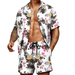Clearance OUKU Men's Floral Graphic Tropical Flowers 2pcs Shirts Sets Summer Hawaiian Shirt Short Sleeve Short Pants Turndown Designer Beach Vacation Casual Daily 3D Summer Silver Red / White Green / Black