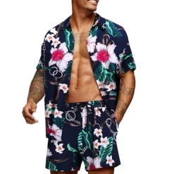 Clearance OUKU Men's Floral Graphic Tropical Flowers 2pcs Shirts Sets Summer Hawaiian Shirt Short Sleeve Short Pants Turndown Designer Beach Vacation Casual Daily 3D Summer Silver Red / White Green / Black