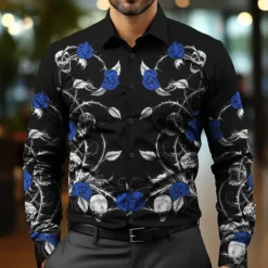 Best OUKU Men's Floral Halloween Costumes Day of the Dead Dress Shirt Button Up Shirt Long Sleeve Casual Business Casual Party Evening Wear Event / Party Daily Fall Winter Spring & Summer Shirt Collar Button