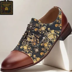 Discount OUKU Men's Floral Jacquard Oxford Shoes with Faux Leather Toe Cap and Heel – Vintage Style Dress Shoes for Formal Events Brown