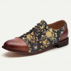 Discount OUKU Men's Floral Jacquard Oxford Shoes with Faux Leather Toe Cap and Heel – Vintage Style Dress Shoes for Formal Events Brown