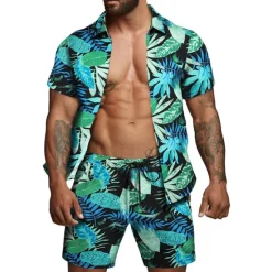 Sale OUKU Men's Floral Leaves Tropical Plants 2pcs Shirts Sets Summer Hawaiian Shirt Short Sleeve Short Pants Turndown Tropical Fashion Hawaiian Street Casual Hawaiian Print Summer Spring Black White Brown