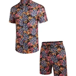 Sale OUKU Men's Floral Leaves Tropical Plants 2pcs Shirts Sets Summer Hawaiian Shirt Short Sleeve Short Pants Turndown Tropical Fashion Hawaiian Street Casual Hawaiian Print Summer Spring Black White Brown