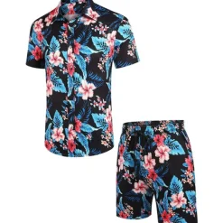 Sale OUKU Men's Floral Leaves Tropical Plants 2pcs Shirts Sets Summer Hawaiian Shirt Short Sleeve Short Pants Turndown Tropical Fashion Hawaiian Street Casual Hawaiian Print Summer Spring Black White Brown