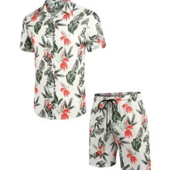 Sale OUKU Men's Floral Leaves Tropical Plants 2pcs Shirts Sets Summer Hawaiian Shirt Short Sleeve Short Pants Turndown Tropical Fashion Hawaiian Street Casual Hawaiian Print Summer Spring Black White Brown