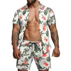Sale OUKU Men's Floral Leaves Tropical Plants 2pcs Shirts Sets Summer Hawaiian Shirt Short Sleeve Short Pants Turndown Tropical Fashion Hawaiian Street Casual Hawaiian Print Summer Spring Black White Brown