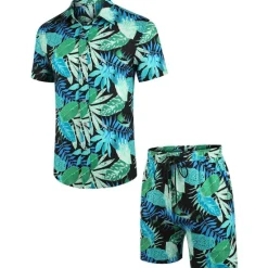 Sale OUKU Men's Floral Leaves Tropical Plants 2pcs Shirts Sets Summer Hawaiian Shirt Short Sleeve Short Pants Turndown Tropical Fashion Hawaiian Street Casual Hawaiian Print Summer Spring Black White Brown