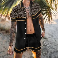 Clearance OUKU Men's Floral 2pcs Shirts Sets Summer Hawaiian Shirt Short Sleeve Short Pants Turndown Tropical Fashion Hawaiian Casual Holiday Beach Print Summer Spring Black White Yellow