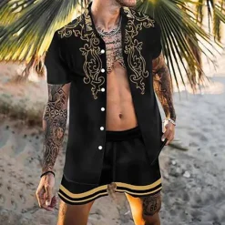 Clearance OUKU Men's Floral 2pcs Shirts Sets Summer Hawaiian Shirt Short Sleeve Short Pants Turndown Tropical Fashion Hawaiian Casual Holiday Beach Print Summer Spring Black White Yellow