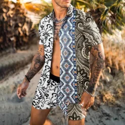 Clearance OUKU Men's Floral 2pcs Shirts Sets Summer Hawaiian Shirt Short Sleeve Short Pants Turndown Tropical Fashion Hawaiian Casual Holiday Beach Print Summer Spring Black White Yellow