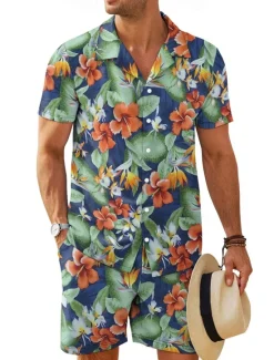 OUKU Men's Floral 2pcs Shirts Sets Summer Tops Short Sleeve Short Pants Turndown Vacation Home Casual Daily 3D Print Summer Robin's Egg Blue Light Green Green
